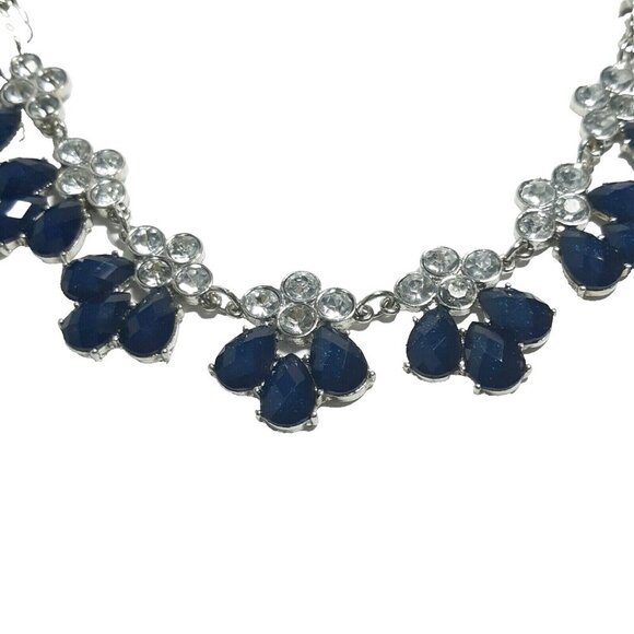 Charming Charlie Statement Necklace Navy Blue Rhinestone Crystal Silver Tone - Picture 2 of 5